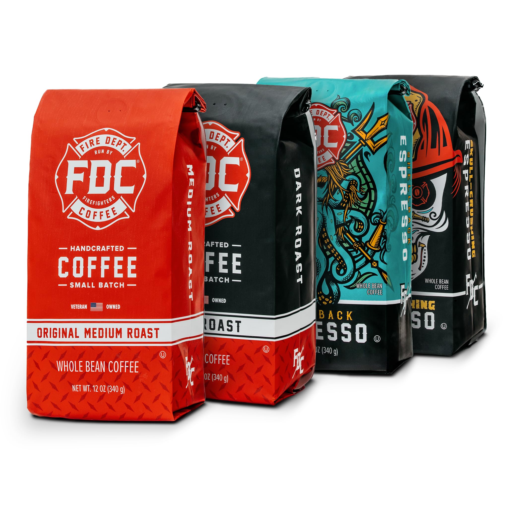 Fire Department Coffee rescue pack front view showing four 12oz bags and brand logo