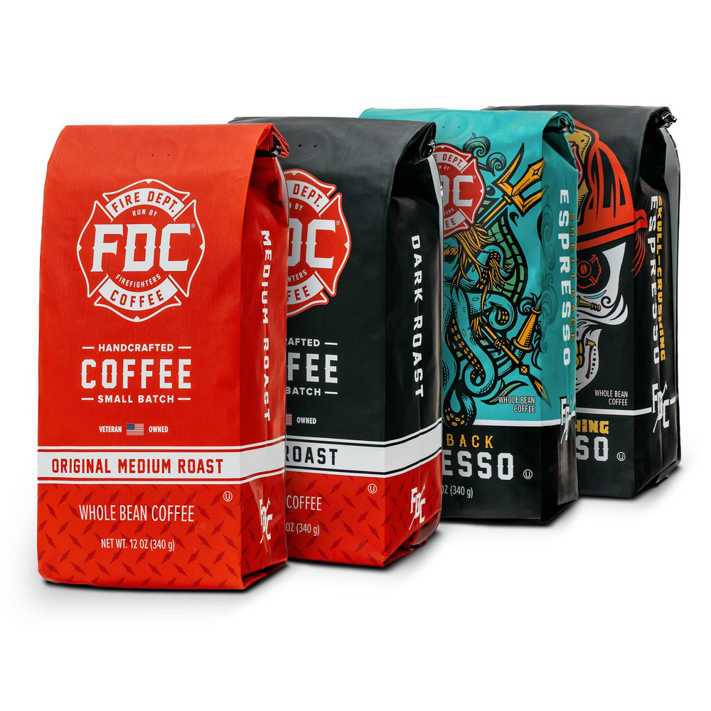 Fire Department Coffee rescue pack front view showing four 12oz bags and brand logo