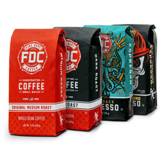 Fire Department Coffee rescue pack front view showing four 12oz bags and brand logo