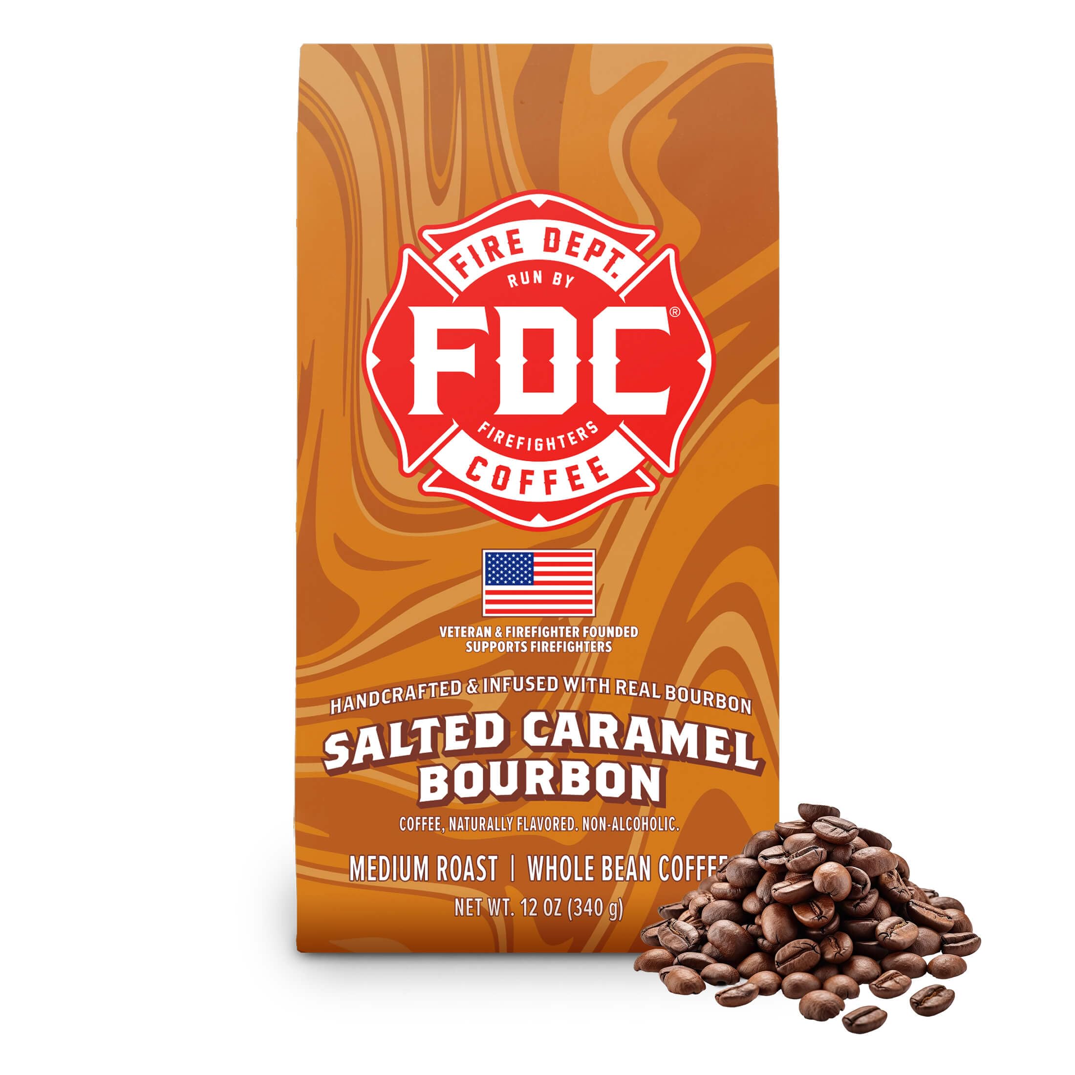 Fire Department Coffee front packaging showing salted caramel bourbon flavor and brand support