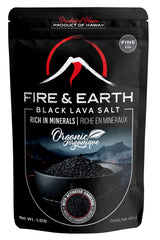 Fire & Earth front packaging showing 1.0 lb organic black lava salt, elegant presentation benefit