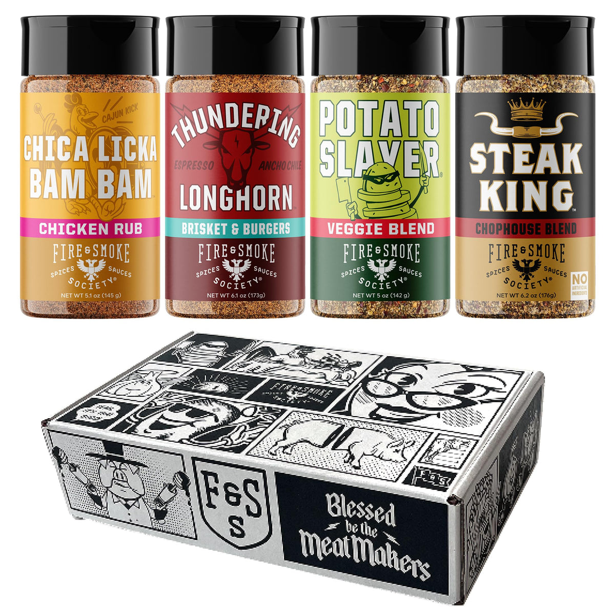 Fire & Smoke Society front packaging showing four-seasoning value bundle for grilling and gifts