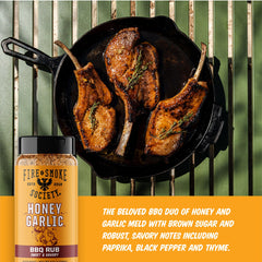 Fire & Smoke Society close-up label showing honey garlic ingredients and brand