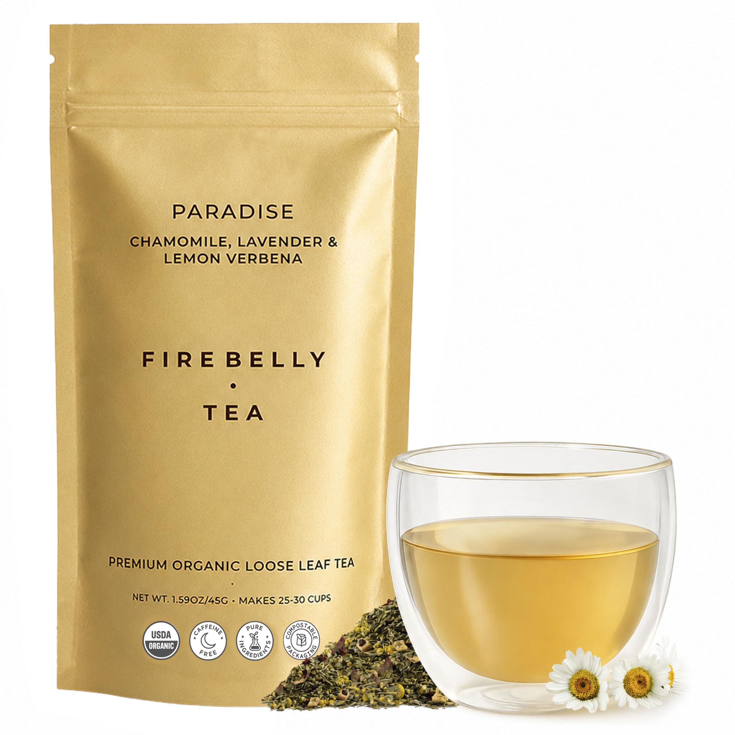 Firebelly Tea front packaging showing blend name and benefit