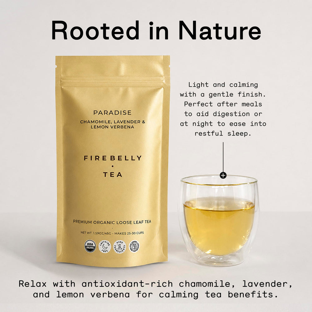 Firebelly Tea ingredient spread with chamomile, lemon verbena, lavender blend
