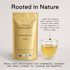 Firebelly Tea ingredient spread with chamomile, lemon verbena, lavender blend