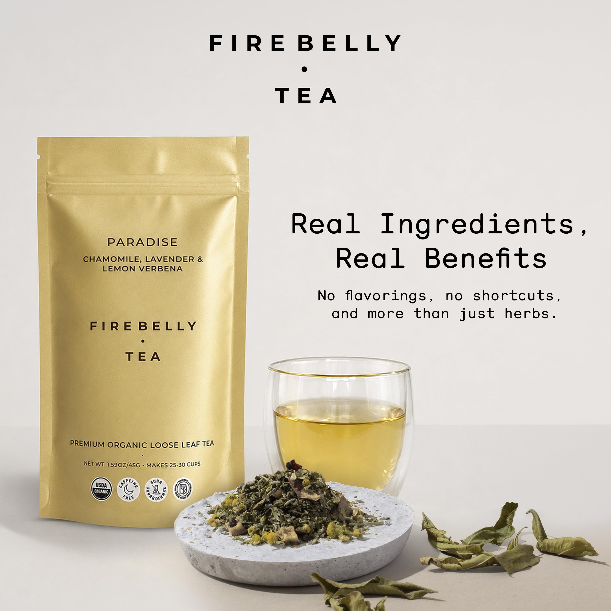 Firebelly Tea label and certifications highlighting organic sourcing
