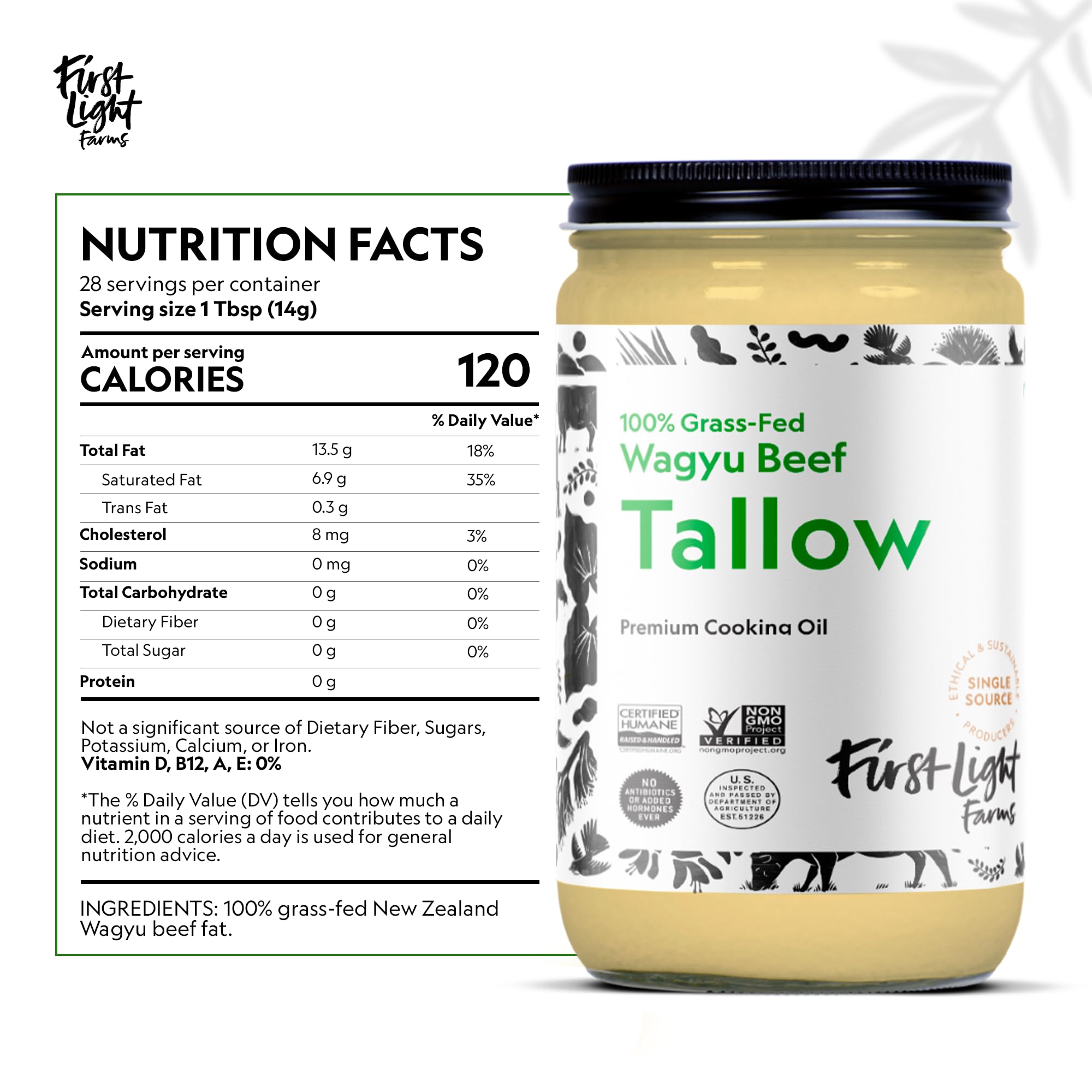 First Light jar side label close-up highlighting grass-fed sourcing benefit