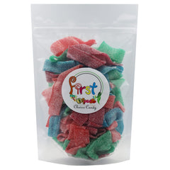 FirstChoiceCandy assorted gummy belts laid out to show four flavors and colors, easy mixing