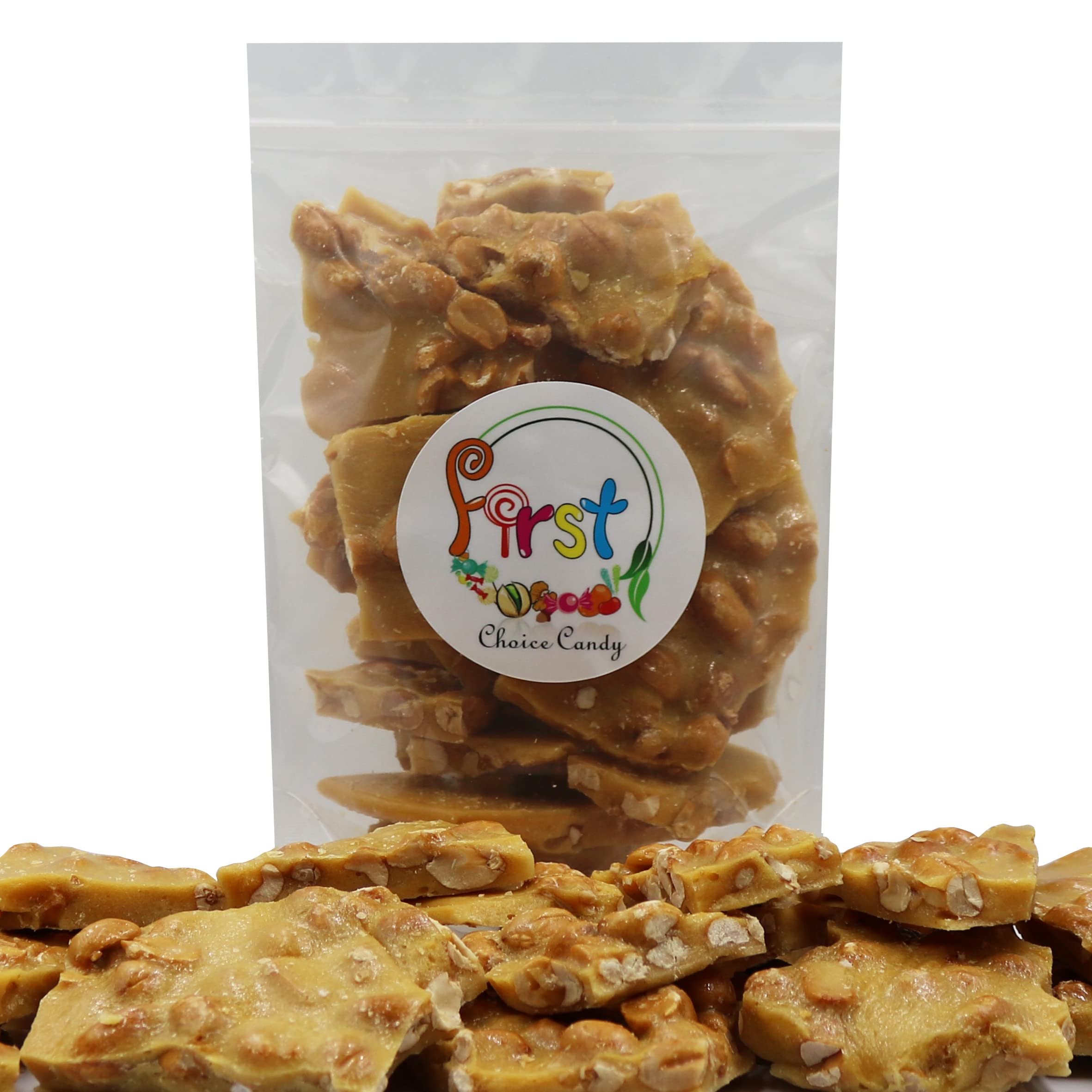 FirstChoiceCandy close-up of peanut brittle texture, highlights crunchy snap