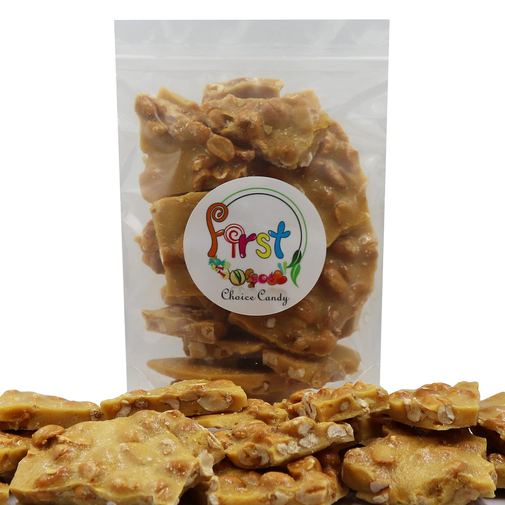 FirstChoiceCandy close-up of peanut brittle texture, highlights crunchy snap