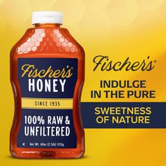 Fischer's close-up of honey pour demonstrating smooth flow and rich flavor