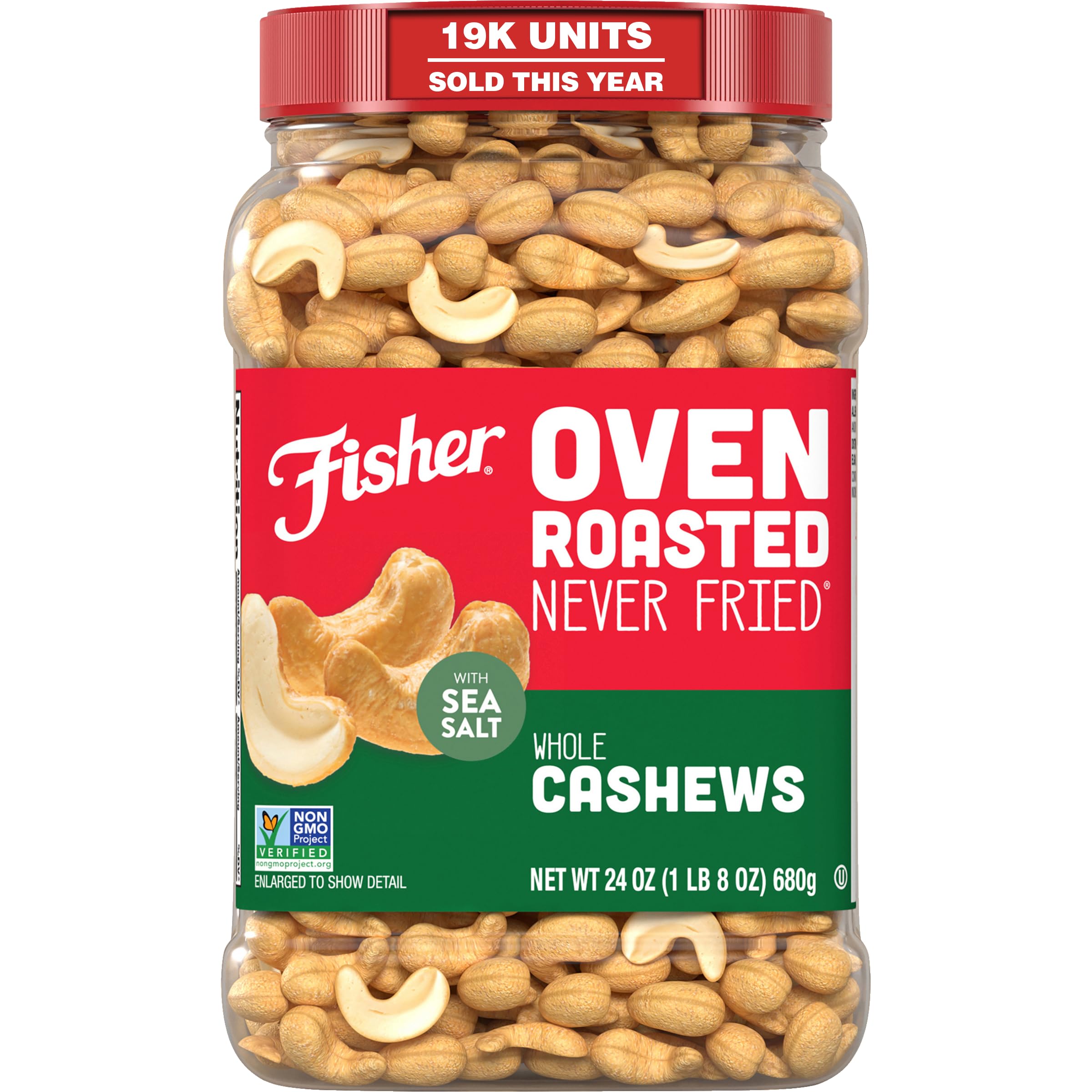 CHEF'S NATURALS front canister showing 24 oz Fisher cashews, ready to snack