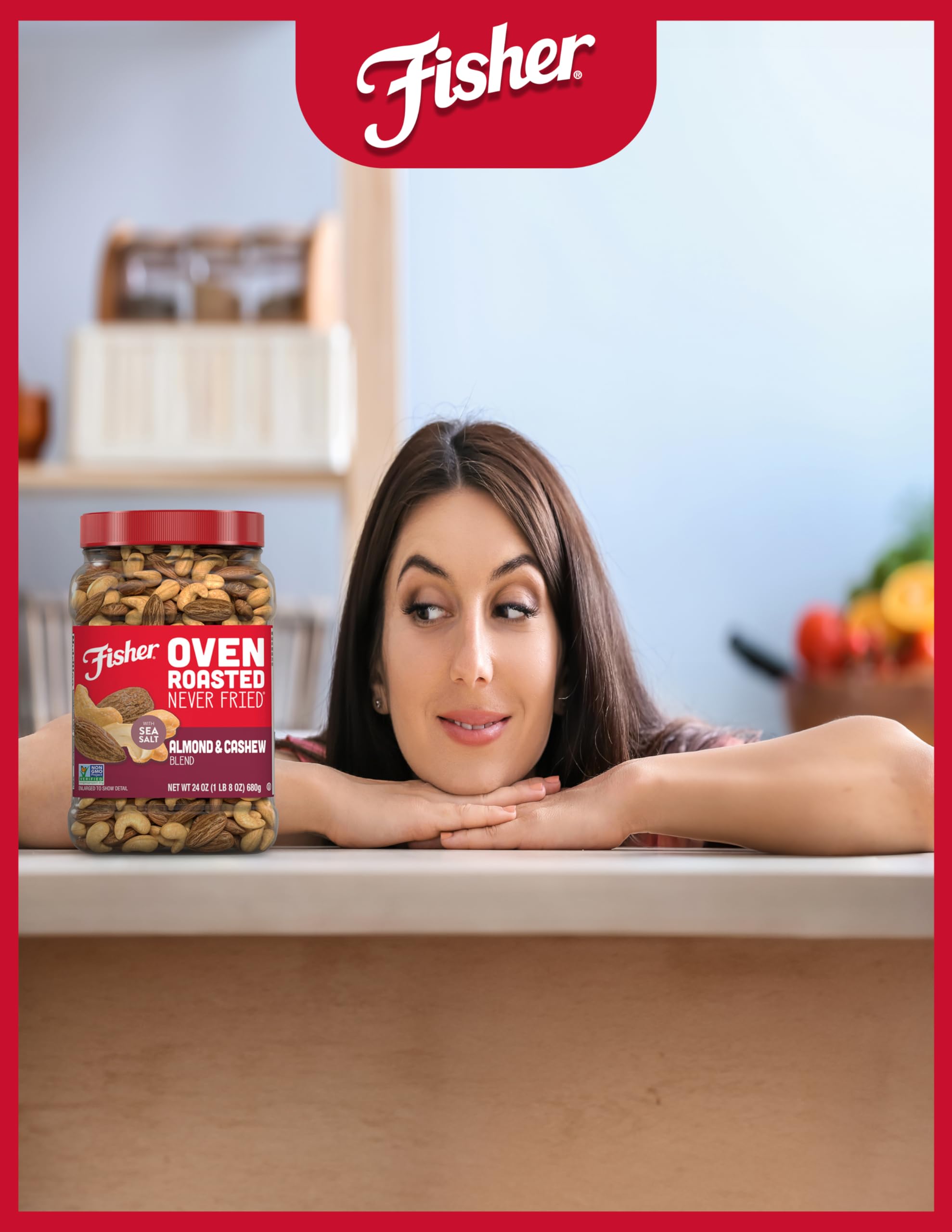 CHEF'S NATURALS jar held in hand to demonstrate 24-ounce scale and portability for on-the-go use