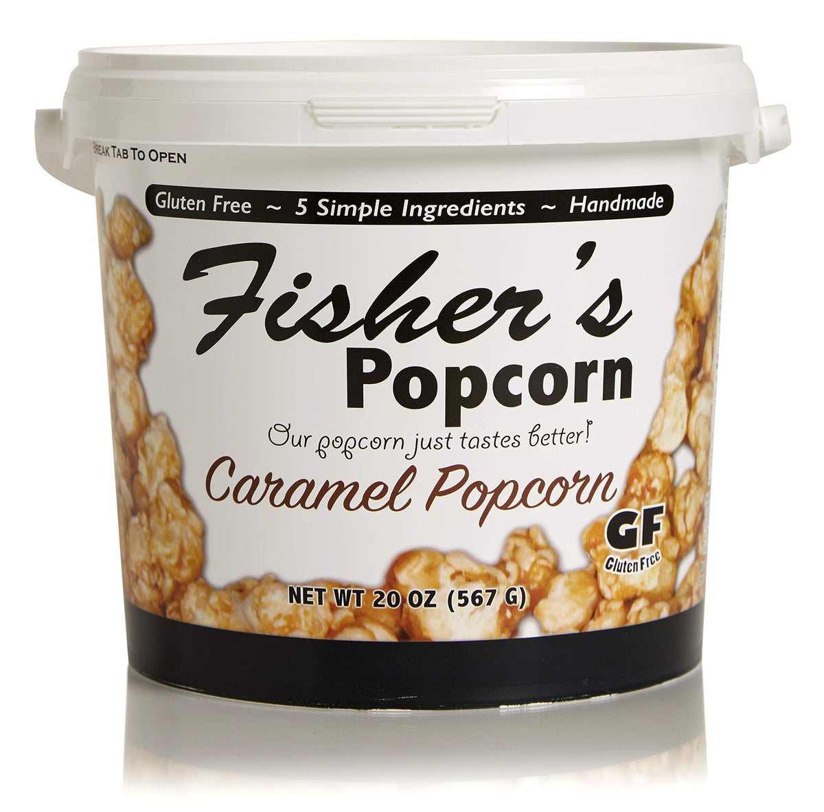 Fisher's Popcorn front packaging showing 20oz tub and brand for gift-ready appeal