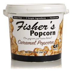 Fisher's Popcorn front packaging showing 20oz tub and brand for gift-ready appeal
