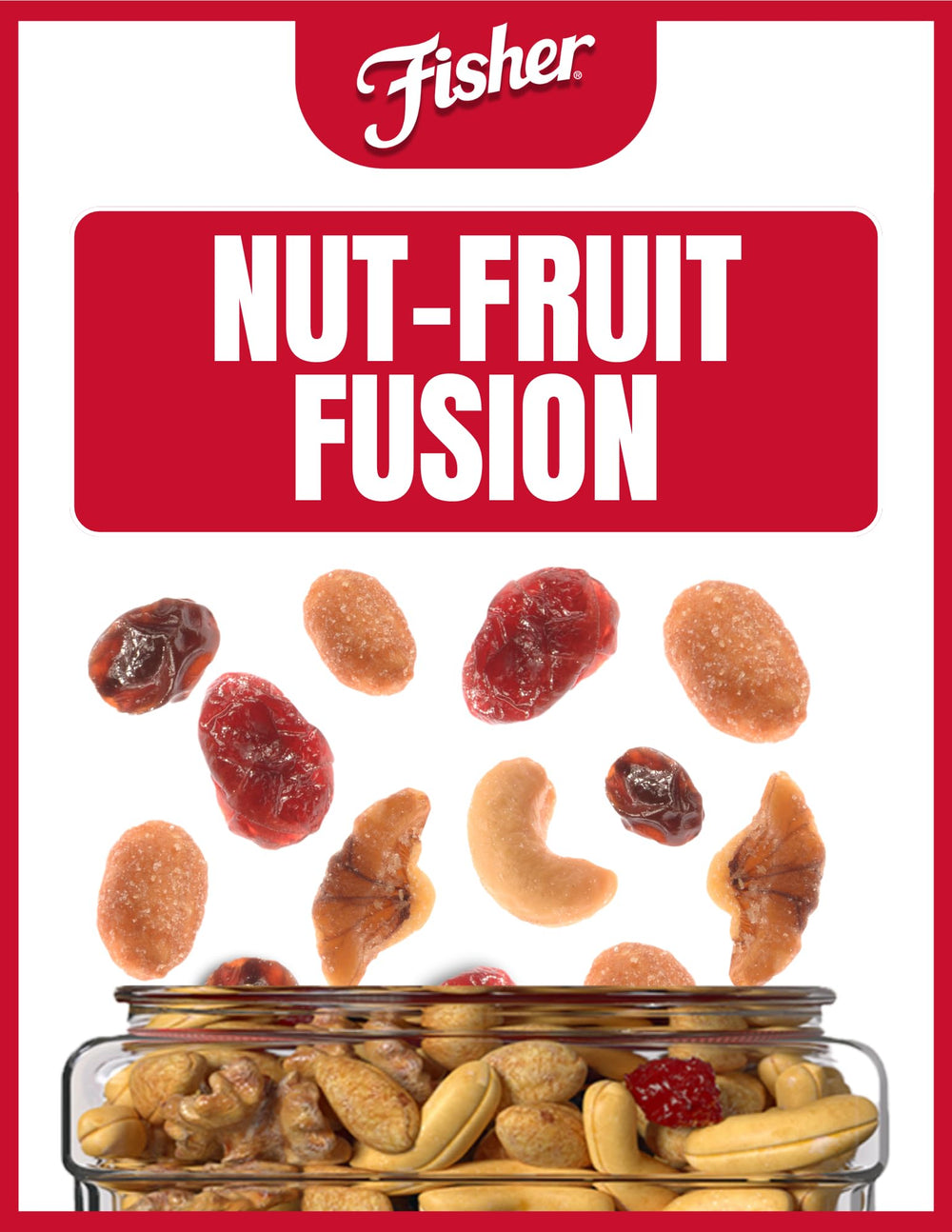 CHEF'S NATURALS Fisher spread of peanuts cashews walnuts raisins and cranberries showing variety
