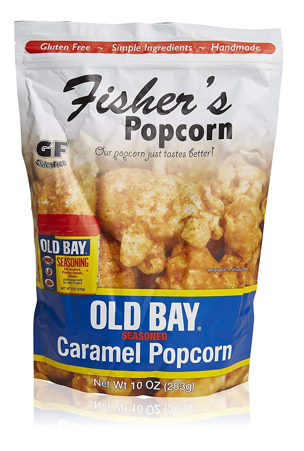 Fisher's Popcorn front packaging showing Old Bay caramel tub and coastal branding for gift appeal