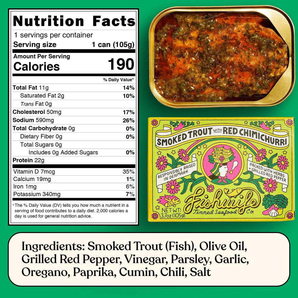 Fishwife tin beside olive oil and herbs, showcasing quality ingredients and taste