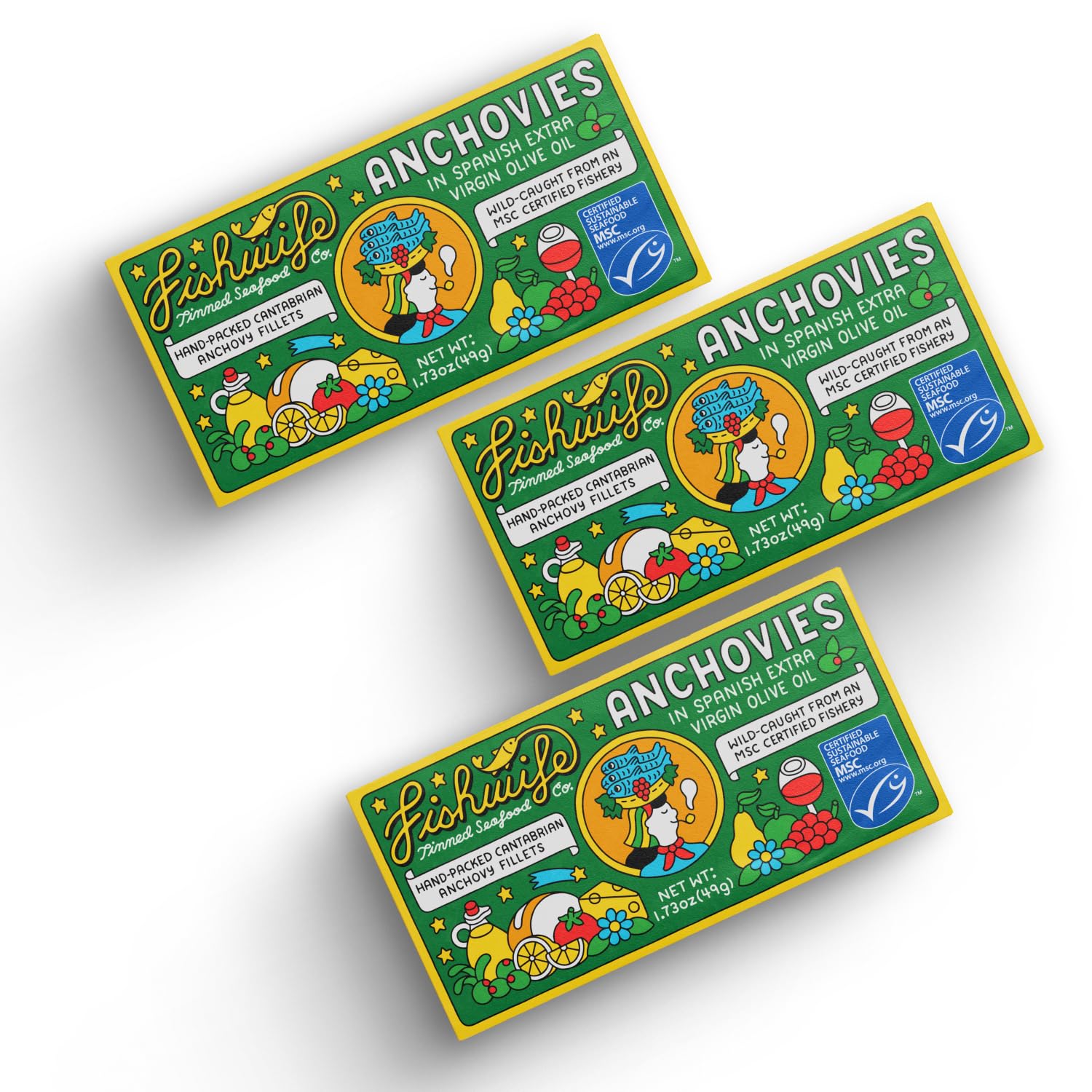 Fishwife front of tin showing brand and premium anchovy packaging benefit