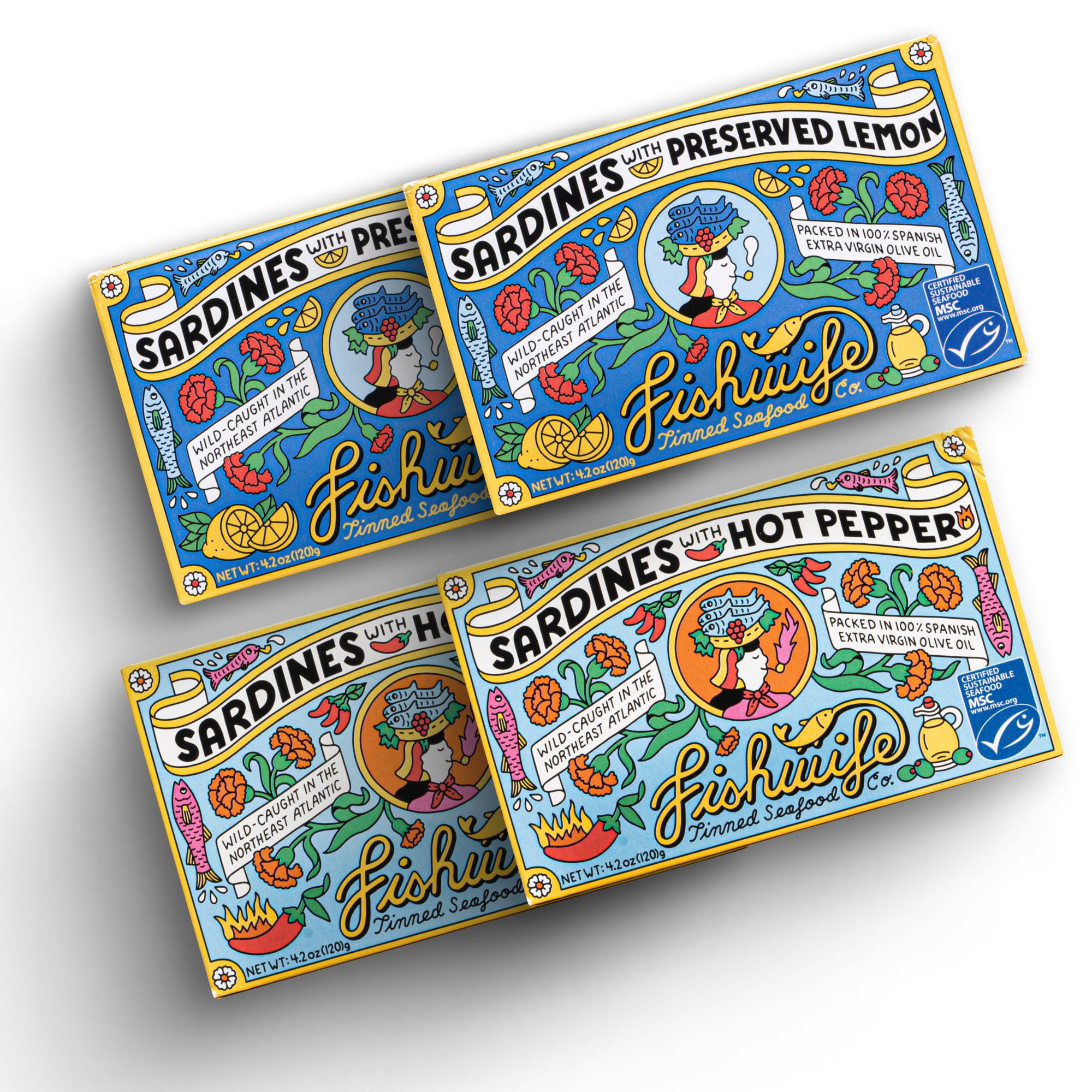 Fishwife front packaging showing four-pack and premium branding, highlights convenience