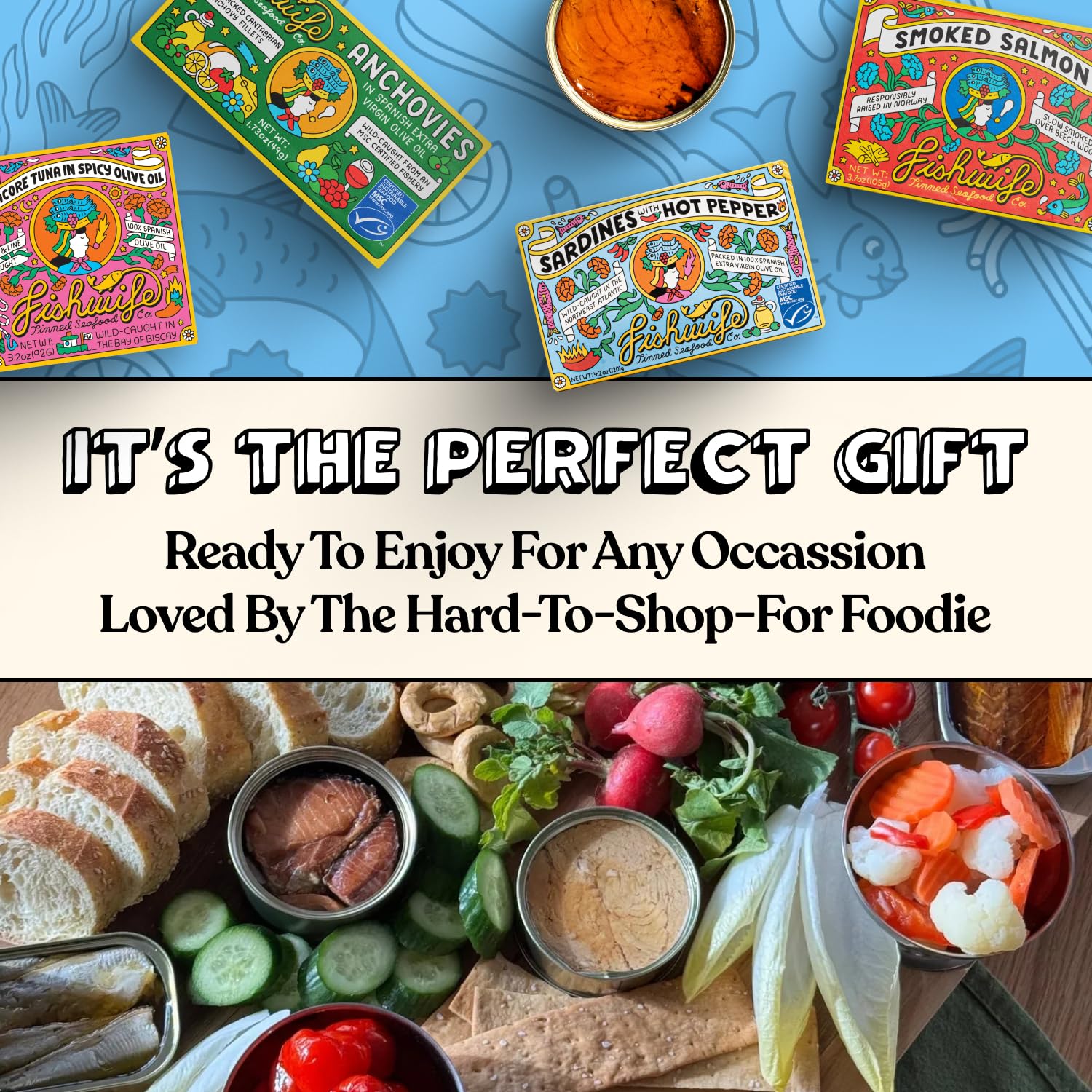 Lifestyle picnic with Fishwife tins, bread and wine demonstrating outdoor easy entertaining