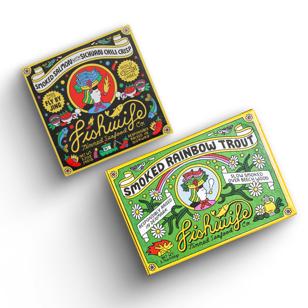 Fishwife two-pack front view showing both tins and labels, premium convenience