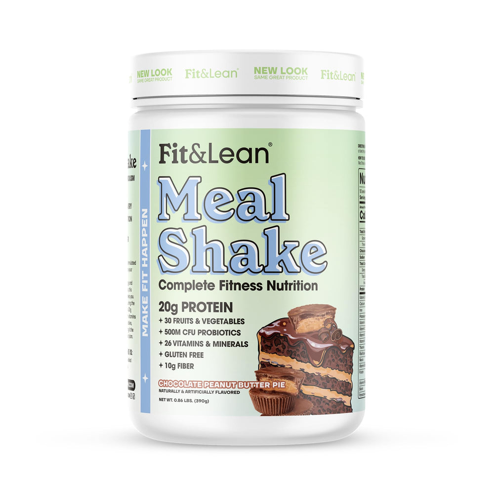 Fit & Lean front packaging showing Chocolate Peanut Butter Pie and benefits