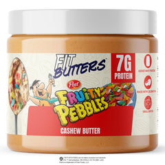 Fit Butters jar front packaging shows Fruity PEBBLES flavor and benefits
