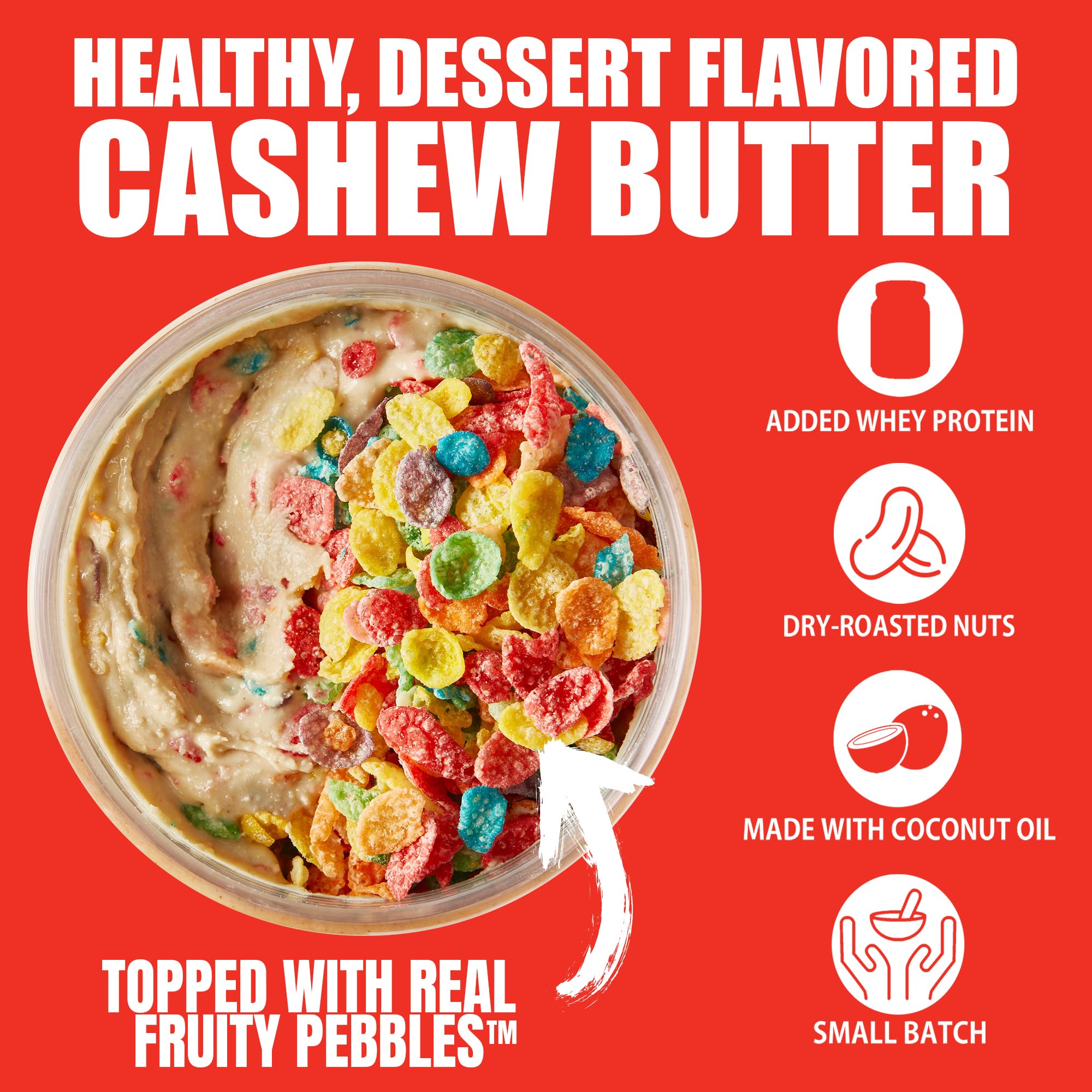 Fit Butters open jar with Fruity PEBBLES cereal topping showing crunch