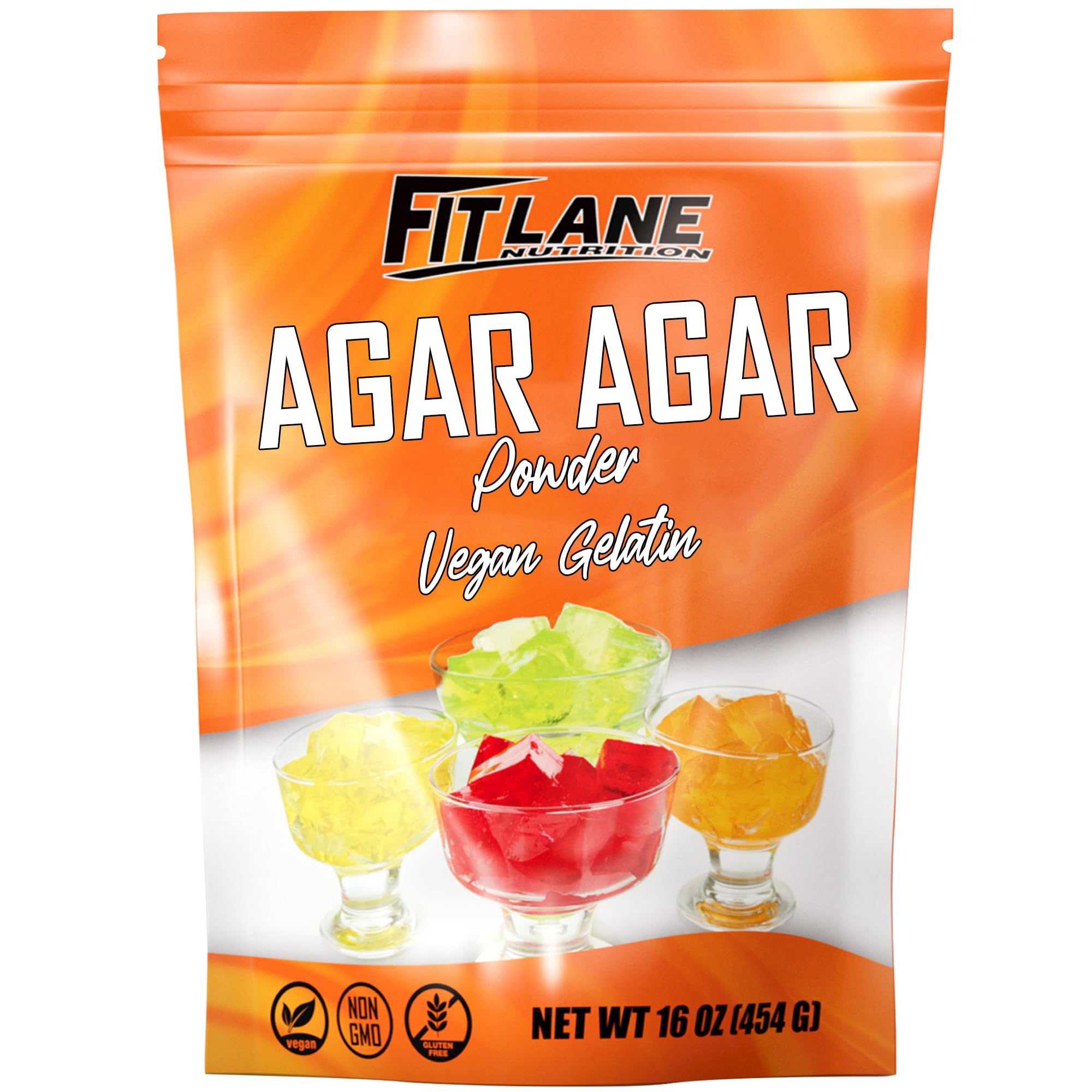 Fit Lane Nutrition front packaging showing 16 oz agar powder, clear labeling benefit