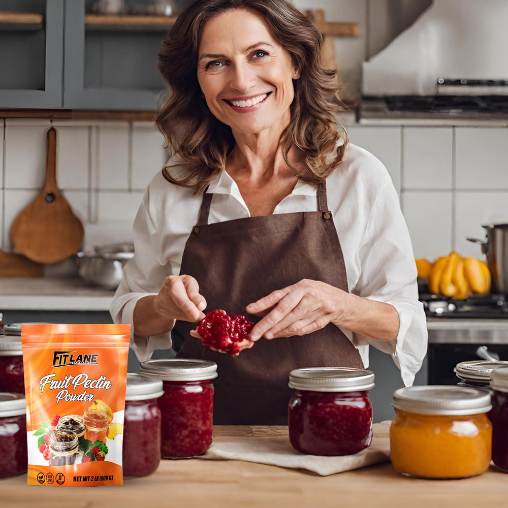 Fit Lane Nutrition powder being mixed into hot fruit demonstrating quick dissolution and even set