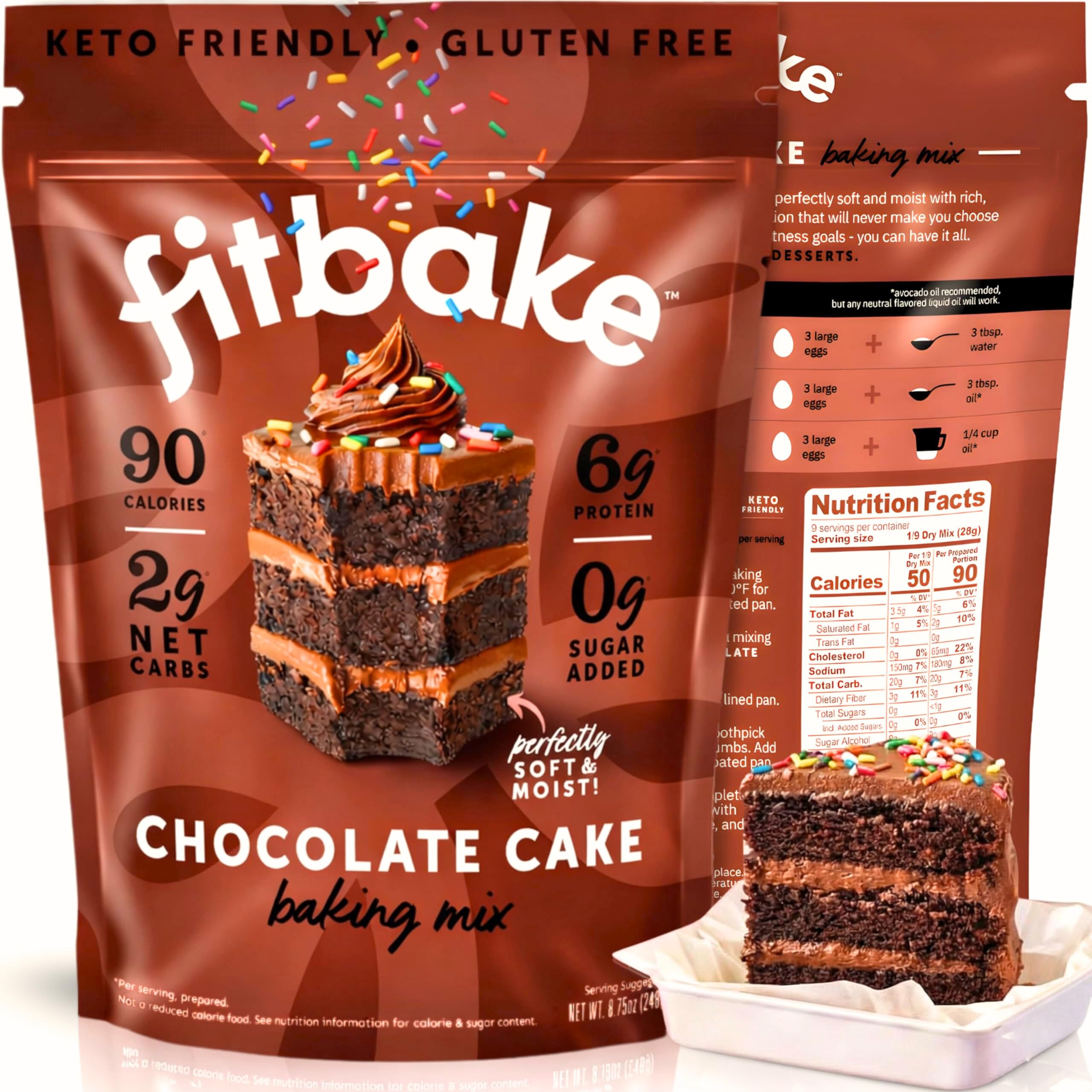 FitBake front packaging showing keto chocolate cake mix and clear labeling benefit