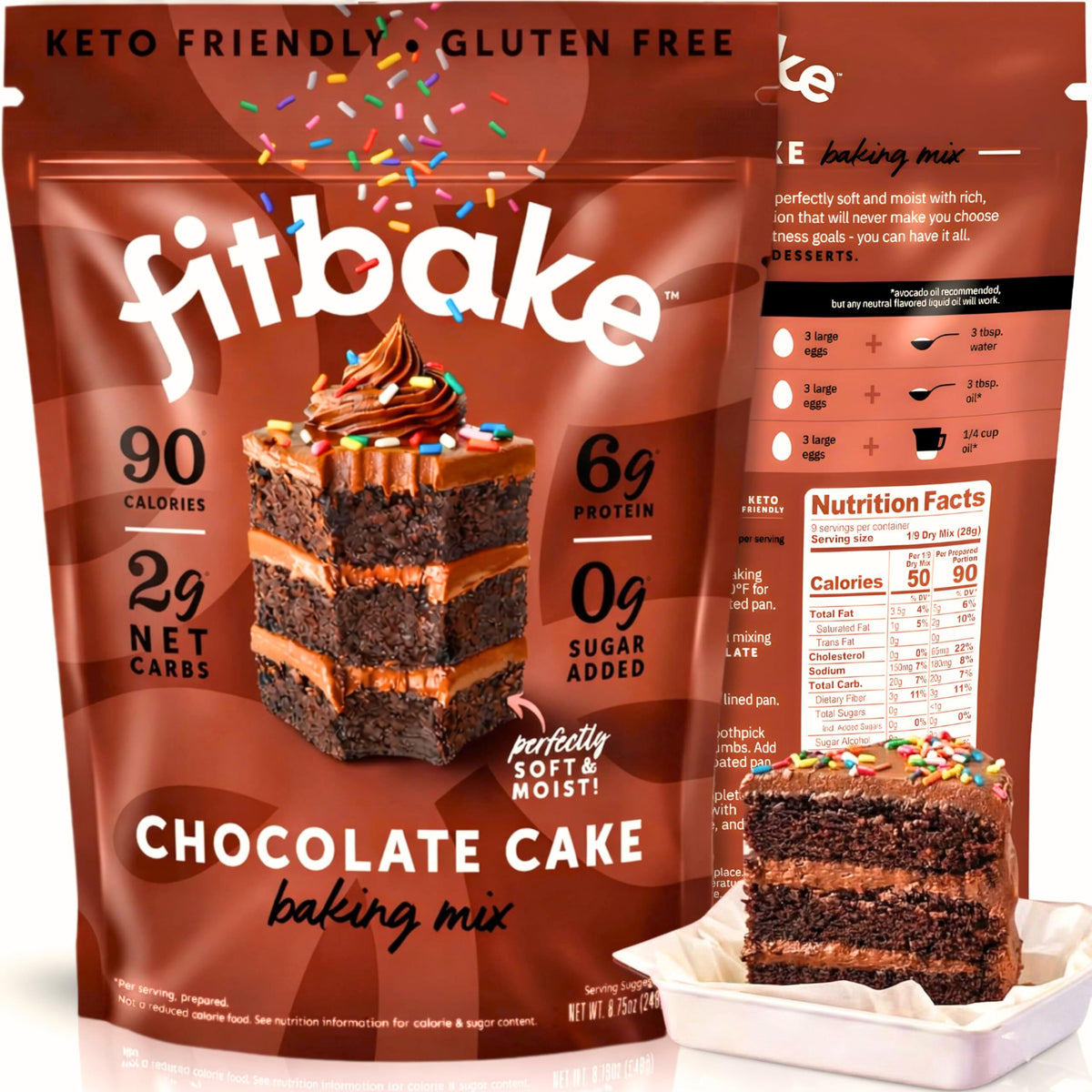 FitBake front packaging showing keto chocolate cake mix and clear labeling benefit