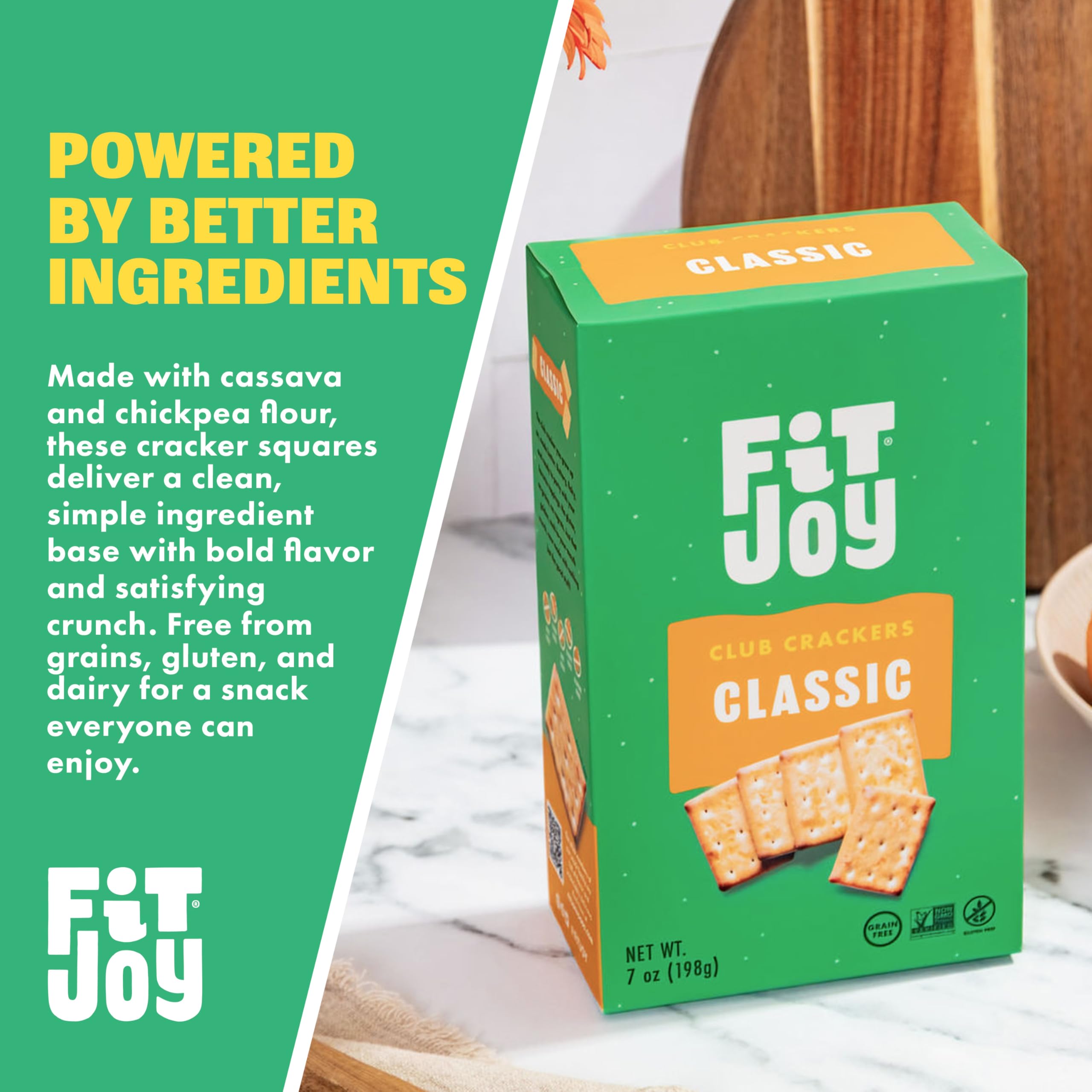 FitJoy crackers topped with hummus and veggies showing versatile pairing options