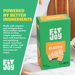 FitJoy crackers topped with hummus and veggies showing versatile pairing options
