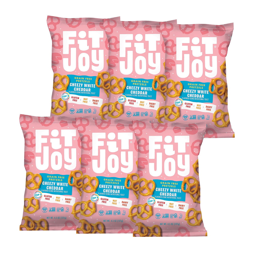 FitJoy front packaging showing cheezy white cheddar and 4.5 oz bag benefits