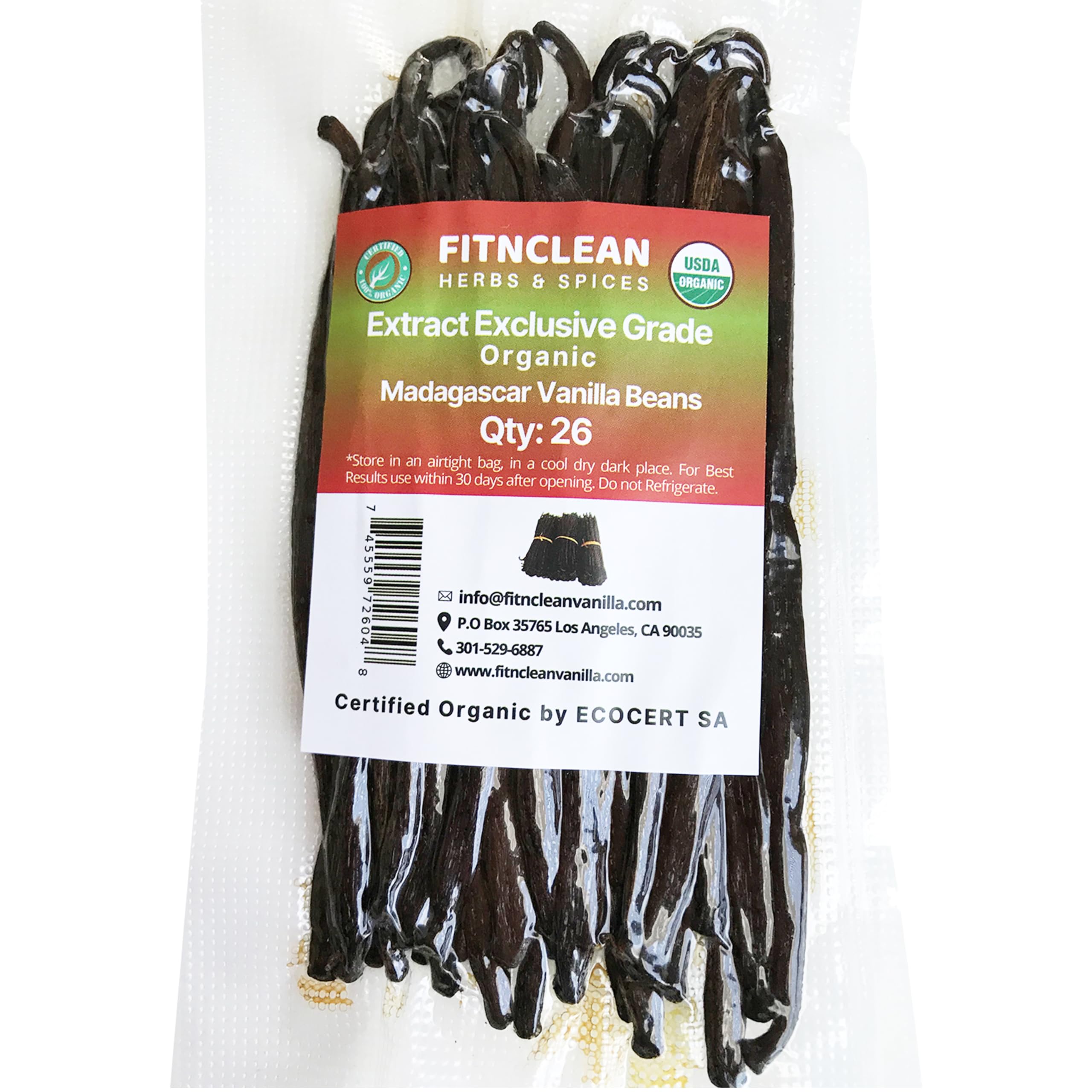 FITNCLEAN front packaging showing 26 organic Madagascar vanilla beans and clear labeling benefit value