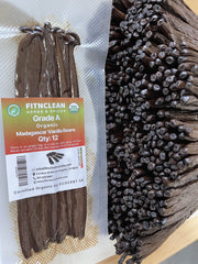 FITNCLEAN front packaging showing 12 organic Madagascar vanilla beans, clear freshness