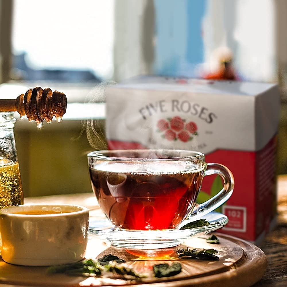 Five Roses brewed cup with amber tea highlighting smooth flavour