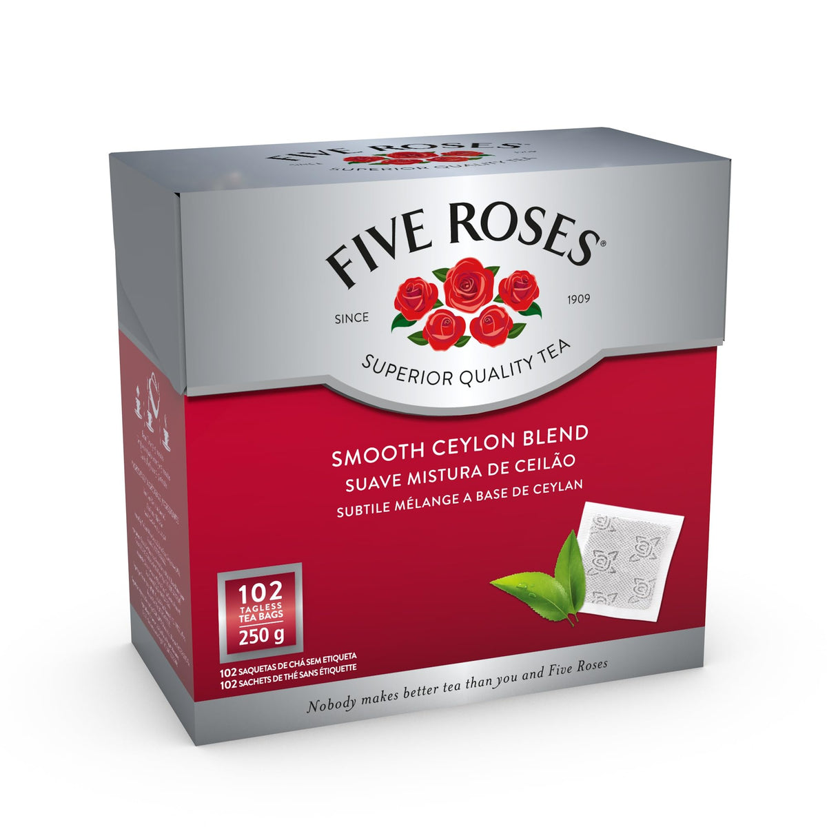 Five Roses front packaging showing 102 tagless teabags and value