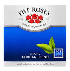 Five Roses front packaging showing African Blend strong tea — clear branding and pack size