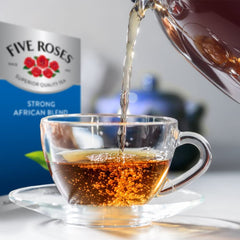 Five Roses tea bag close-up showing fine Ceylon leaf texture for bold flavor