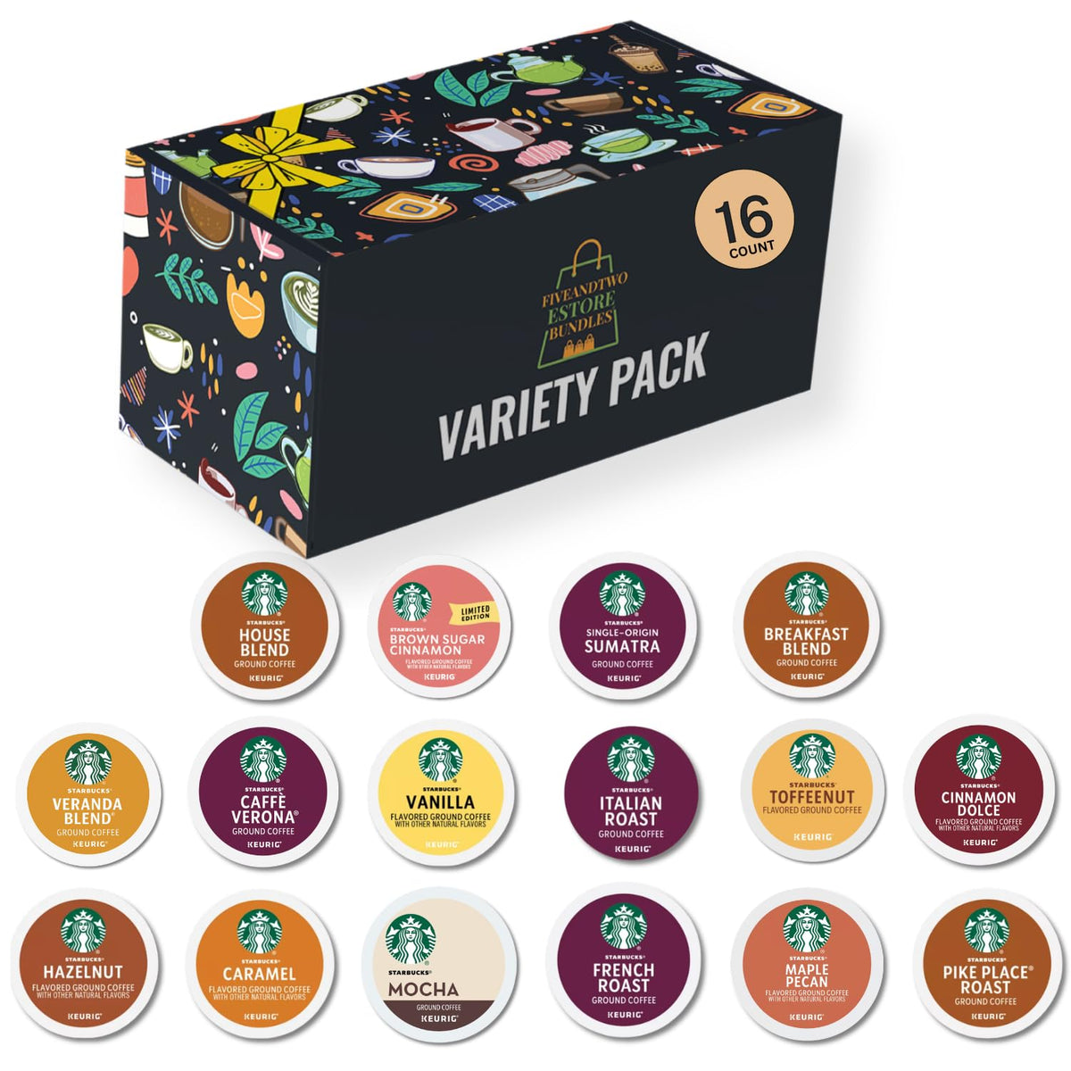 FIVEANDTWOESTORE BUNDLES front package showing 16-count sampler and gift-ready box benefit