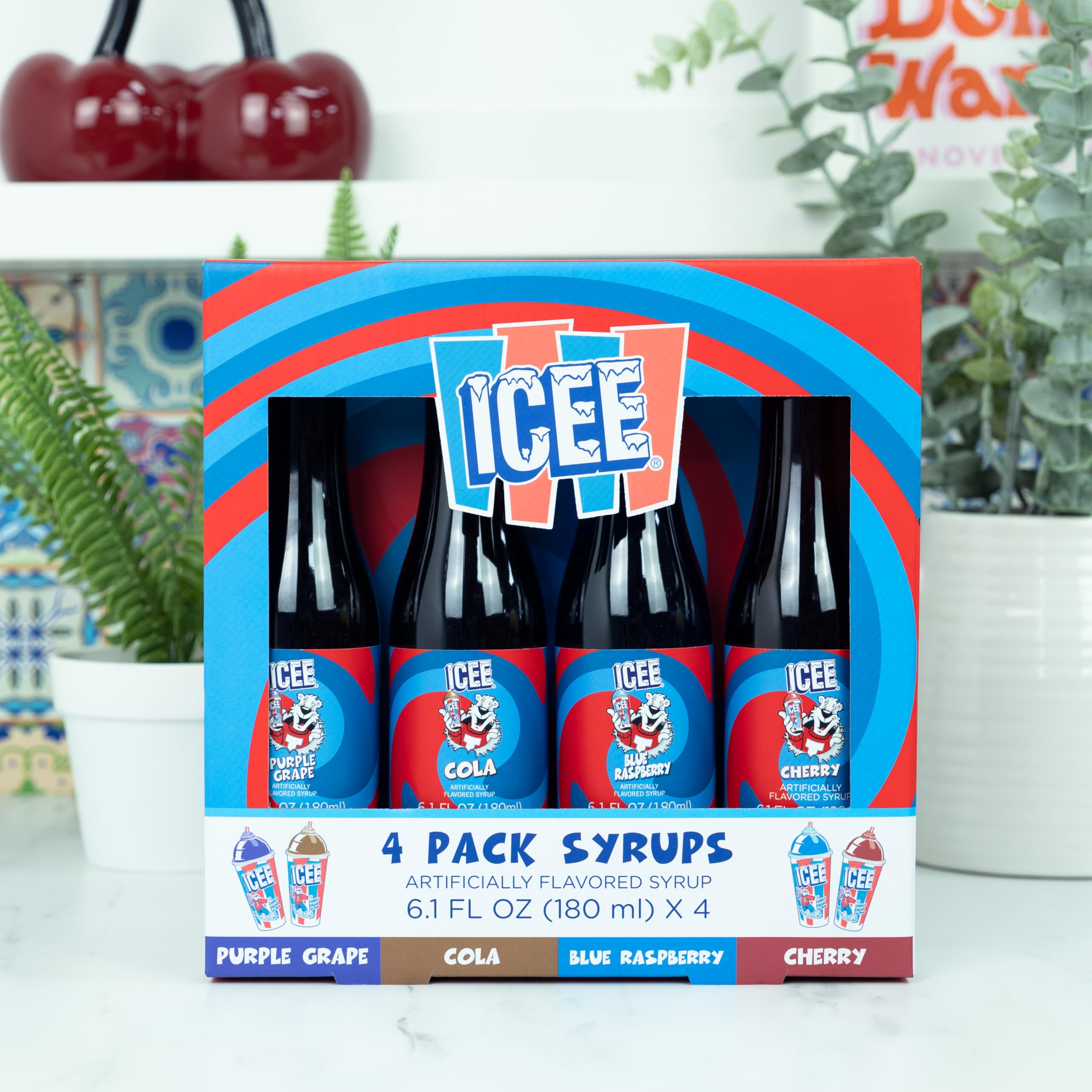 Fizz Creations ICEE four bottles lined up to show size and how many servings included