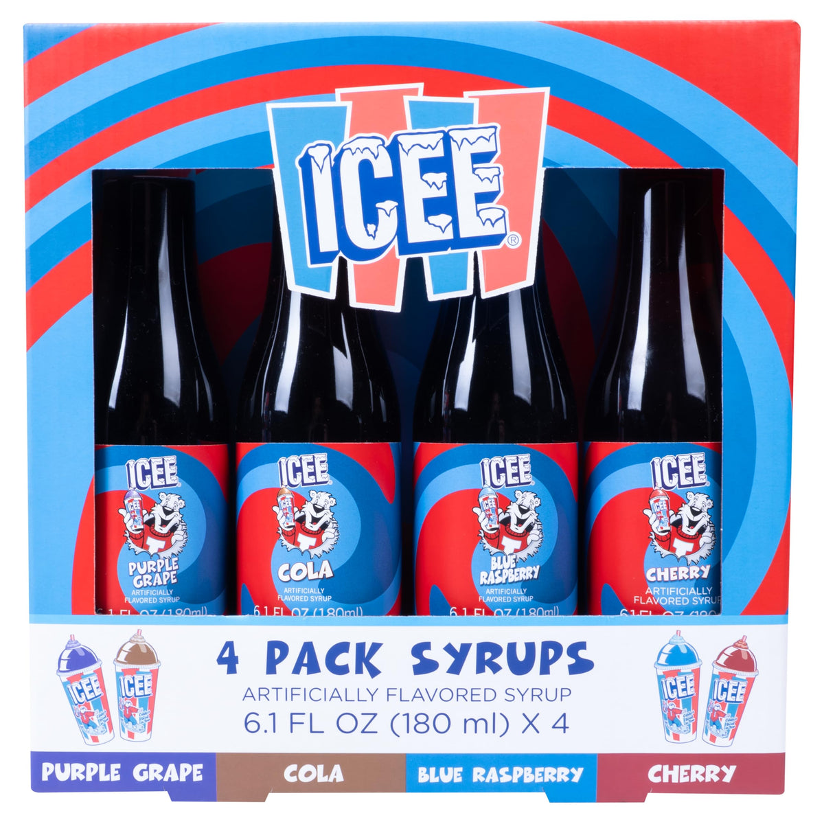 Fizz Creations ICEE front packaging showing four flavor bottles for easy party use