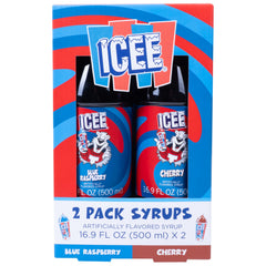 Fizz Creations ICEE front packaging showing both Blue Raspberry and Cherry bottles, bright and ready