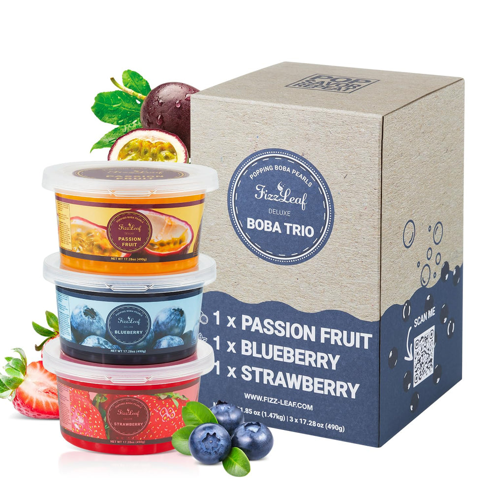 FIZZLEAF front packaging trio showing three one-pound bags and branding benefits