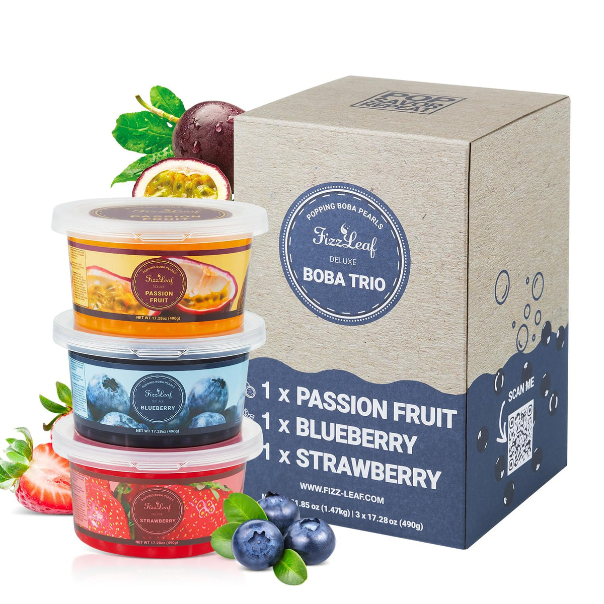 FIZZLEAF front packaging trio showing three one-pound bags and branding benefits