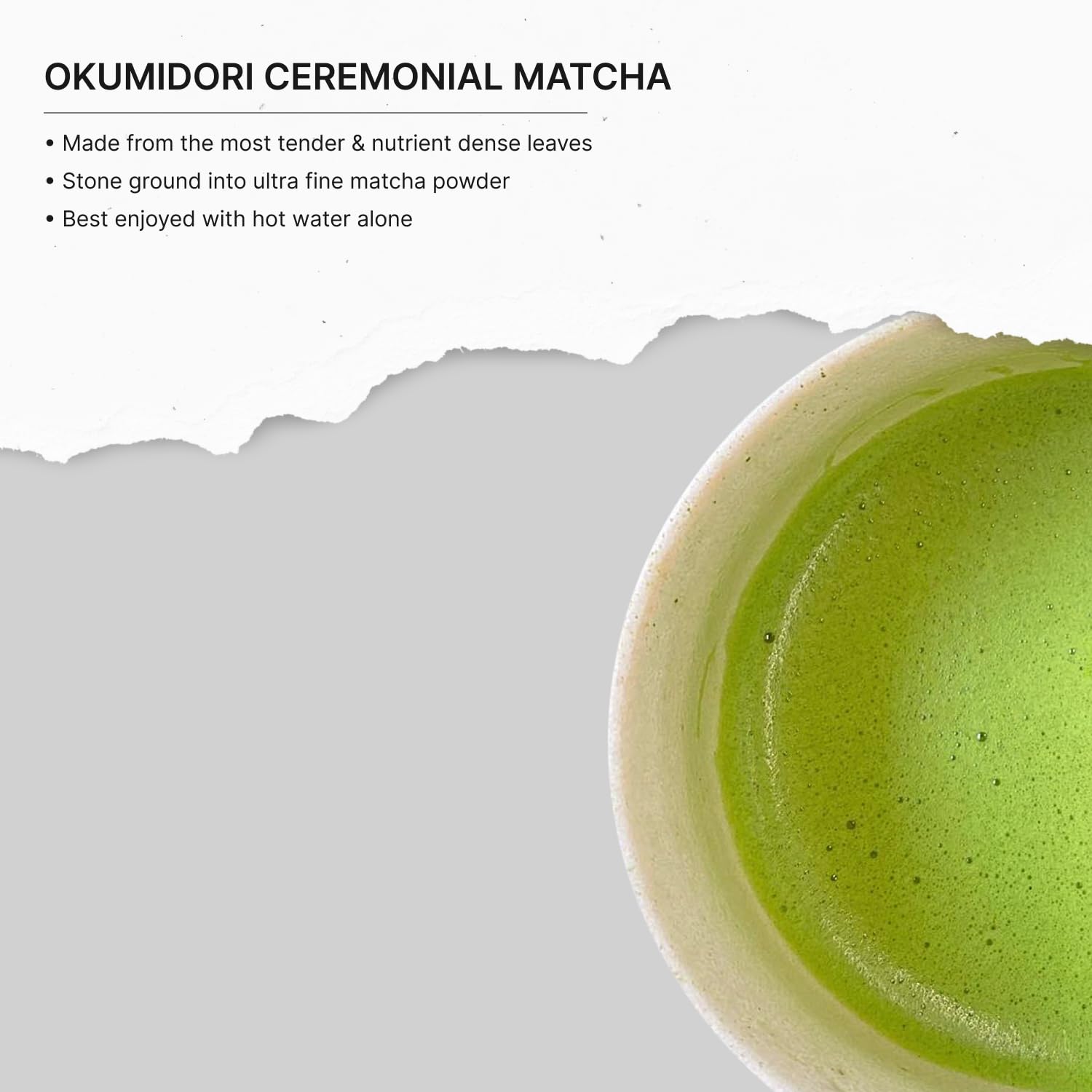 FKRO whisked matcha bowl in use with froth demonstrating smooth crema